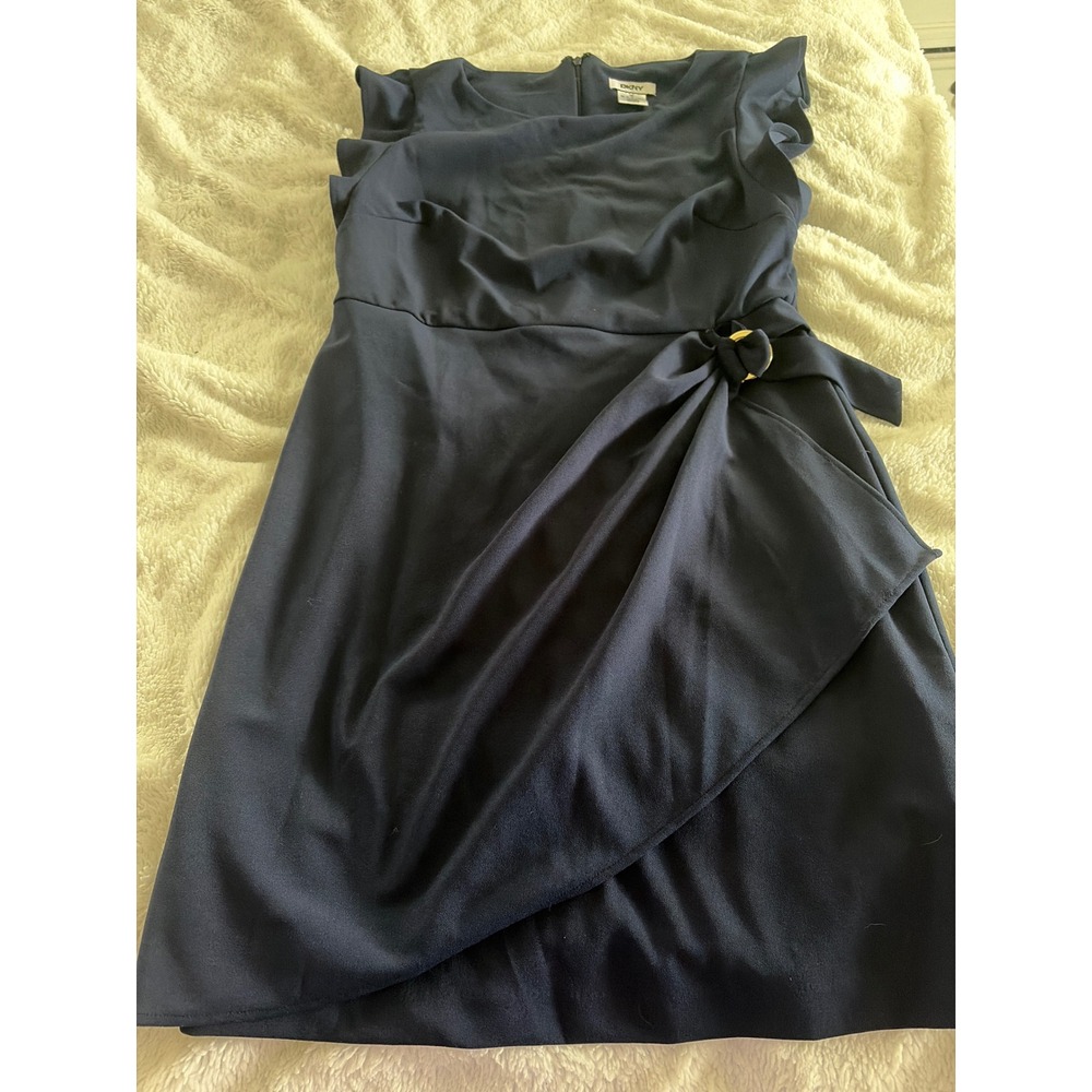 DKNY Womens Navy Blue Ruffle Sleeve Faux Wrap Sheath Dress Size 12 Buckle Detail